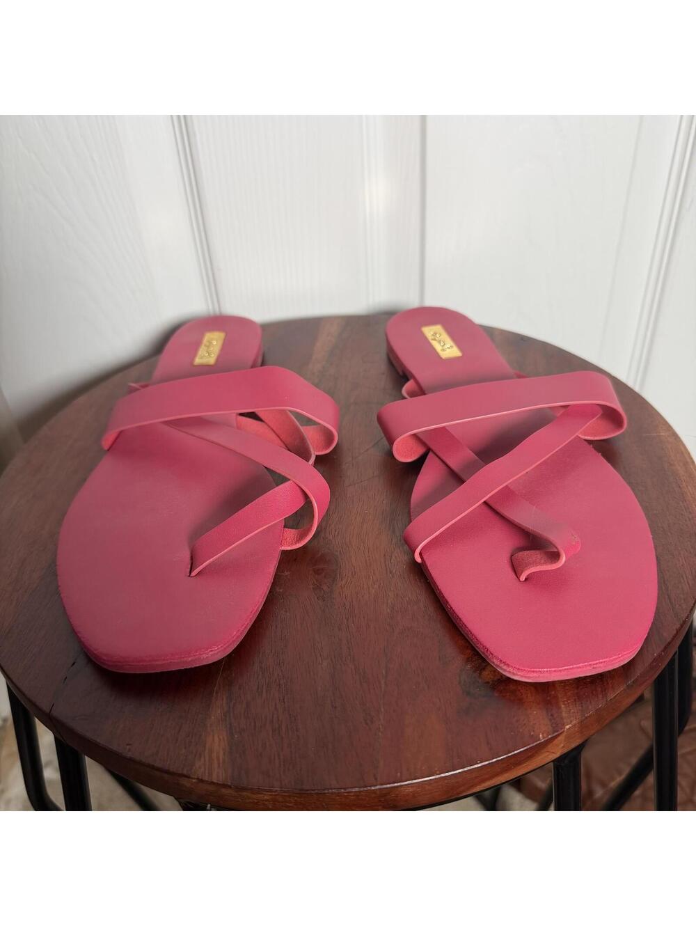 Hot Pink Strappy Flat Sandals Square Toe Slip On Summer Beach Slides Flip Flops